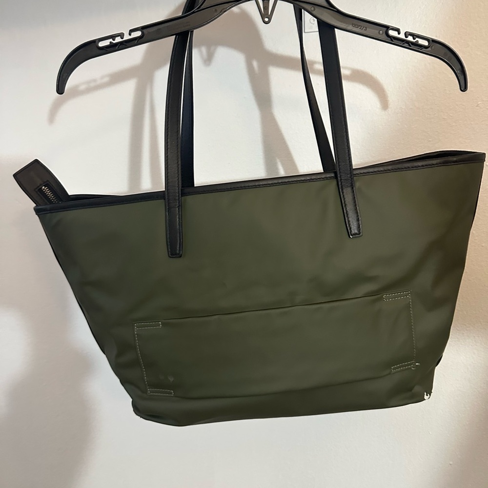 Tumi Olive Green Nylon Tote with Black Leather Handles